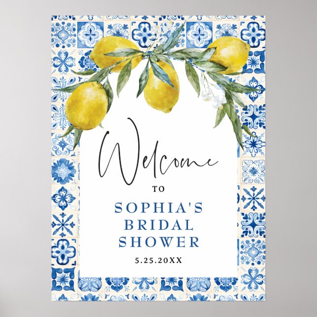 Póster de ducha de novia con azulejos mediterráneo (Frente)