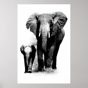 Póster de elefante y elefante bebé en BW