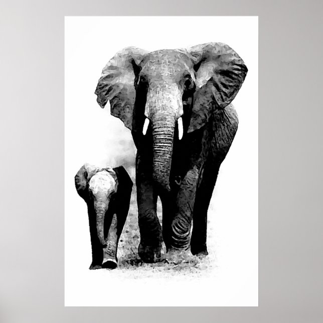 Póster de elefante y elefante bebé en BW (Frente)