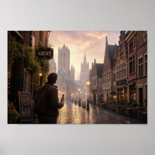 Póster de Ensueño de Adoquines de Ghent Dorado