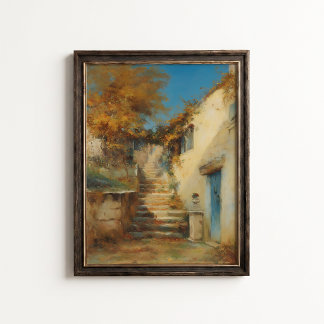 Póster de escalera de patio de otoño mediterráneo
