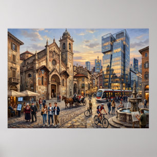 Póster de escena callejera de ciudad histórica