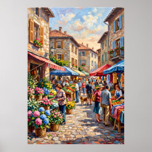 Póster de escena callejera del mercado de flores