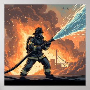 Póster de escena de acción épica de bombero