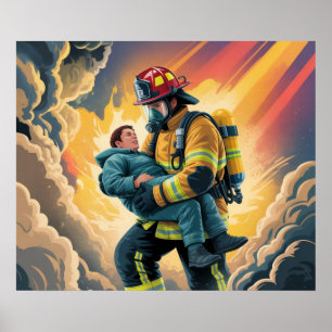 Póster de escena de rescate de héroe bombero