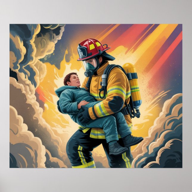 Póster de escena de rescate de héroe bombero (Frente)
