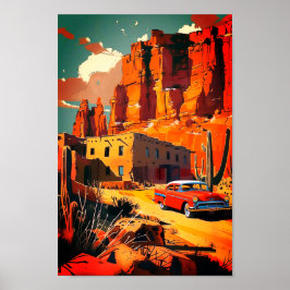 Póster de escena del desierto con coche vintage