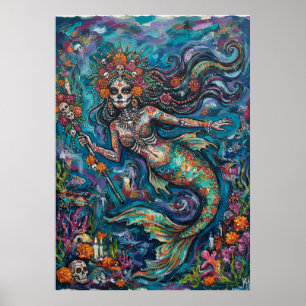 Póster de esqueleto de sirena del día de muertos