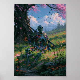 Póster de esqueleto descansando de fantasía oscura