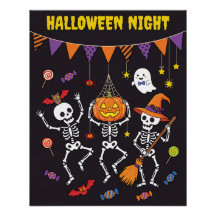Póster de esqueletos bailando en una noche de Hall