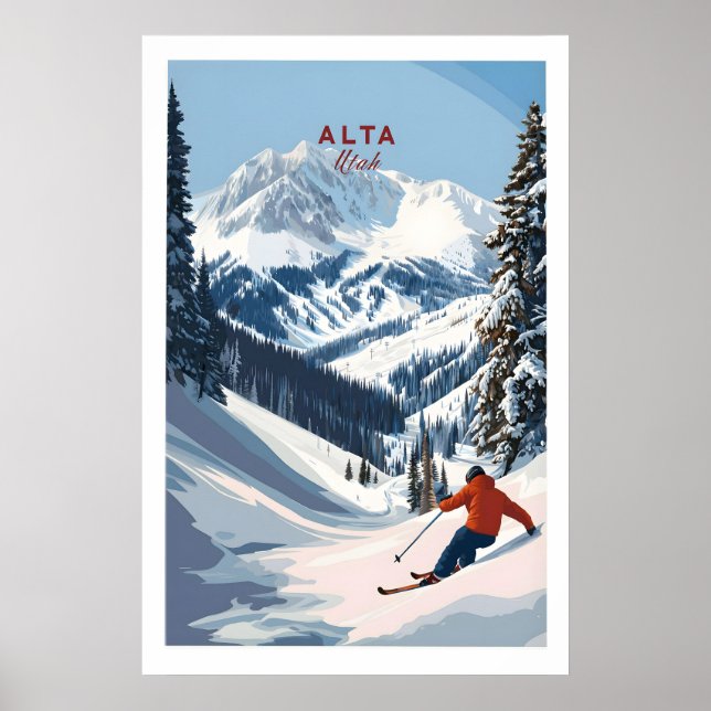 Póster de esquí Alta Utah - Pared de montaña de ni (Frente)