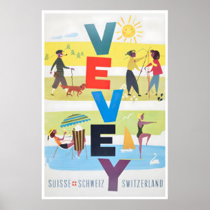 Póster de esquí de viaje a Suiza arte Vevey