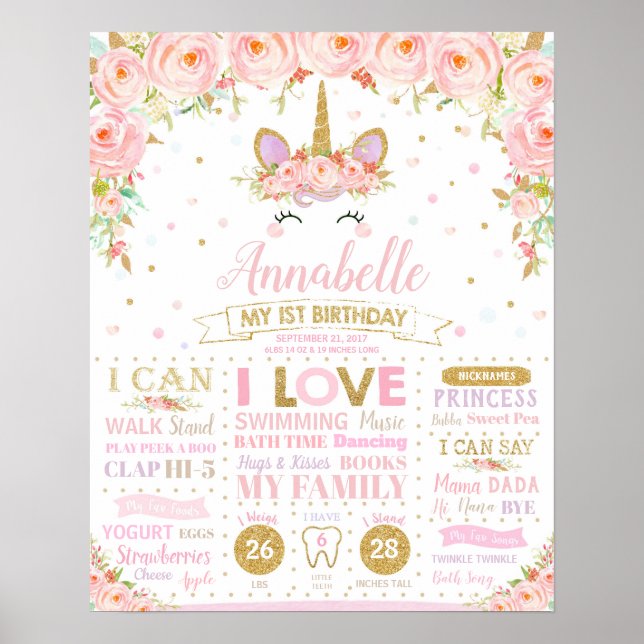 Póster de estadísticas de nacimiento Hitos del 1er (Frente)