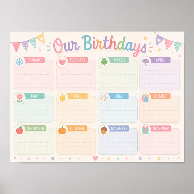 Póster de exhibición de cumpleaños en el aula (Frente)