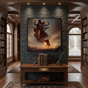 Póster de Fantasía Brillante con Guerrero y Bestia