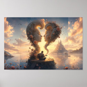 Póster de fantasía Corazones eternos al amanecer