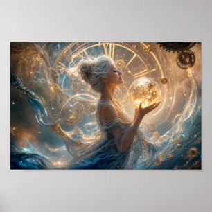 Póster de fantasía de relojería dorada