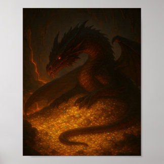 Póster de fantasía del dragón dorado que guarda el