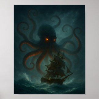 Póster de Fantasía Oscura del Monstruo Marino Krak