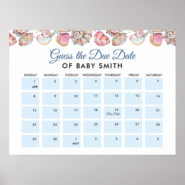Póster de fecha de parto para baby shower de conch (Frente)