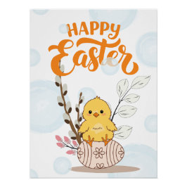 Póster de Feliz Pascua – Pollito Adorable en Huevo