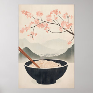 Póster de fideos soba japoneses con flor de cerezo