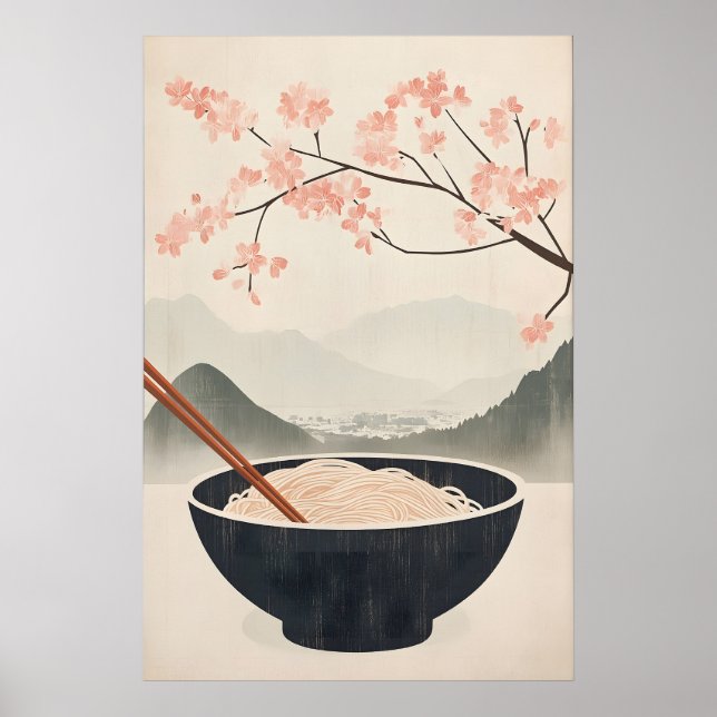 Póster de fideos soba japoneses con flor de cerezo (Frente)