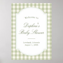Póster de fiesta de bebé con gingham verde salvia