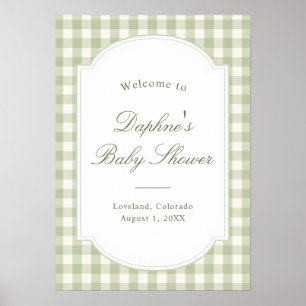 Póster de fiesta de bebé con gingham verde salvia