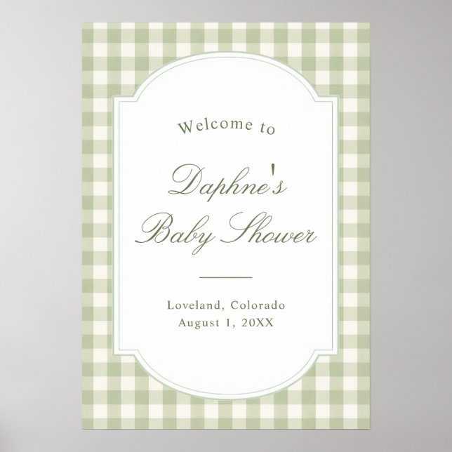 Póster de fiesta de bebé con gingham verde salvia (Frente)