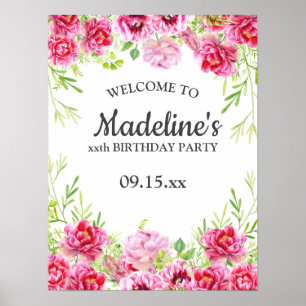 Póster de fiesta de cumpleaños floral verde blanco