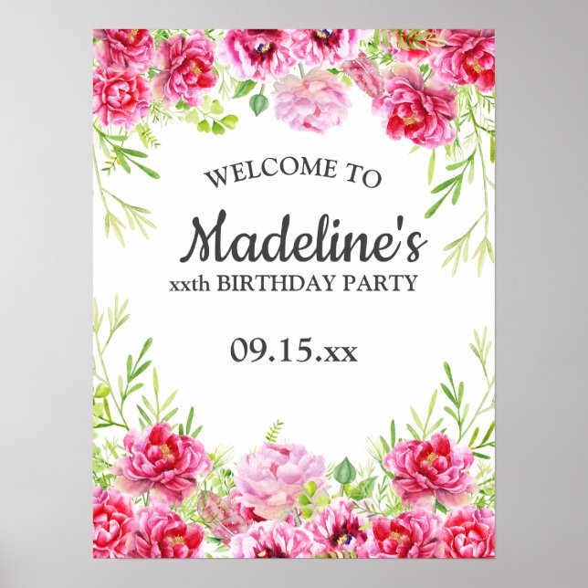 Póster de fiesta de cumpleaños floral verde blanco (Frente)