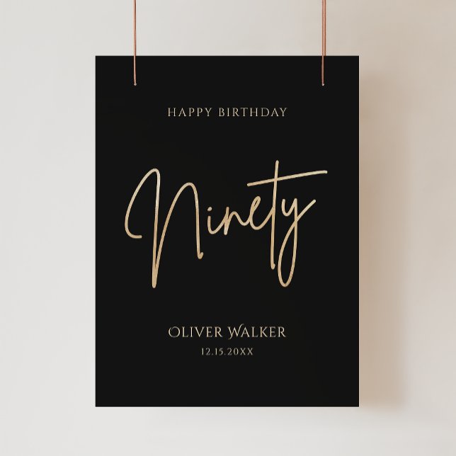 Póster de fiesta de cumpleaños número 90 de elegan (Elegant Black Gold 90th Birthday Party Poster)