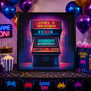 Póster de fiesta de cumpleaños Retro Arcade Level