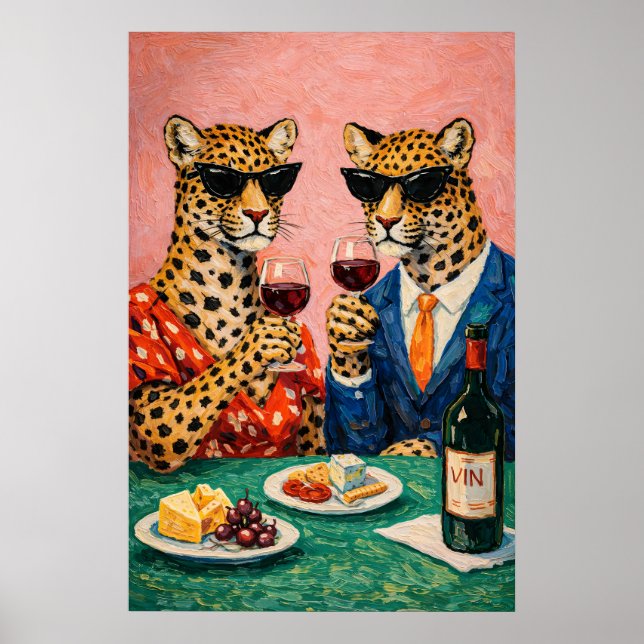 Póster de fiesta de vino con leopardo, arte de par (Frente)