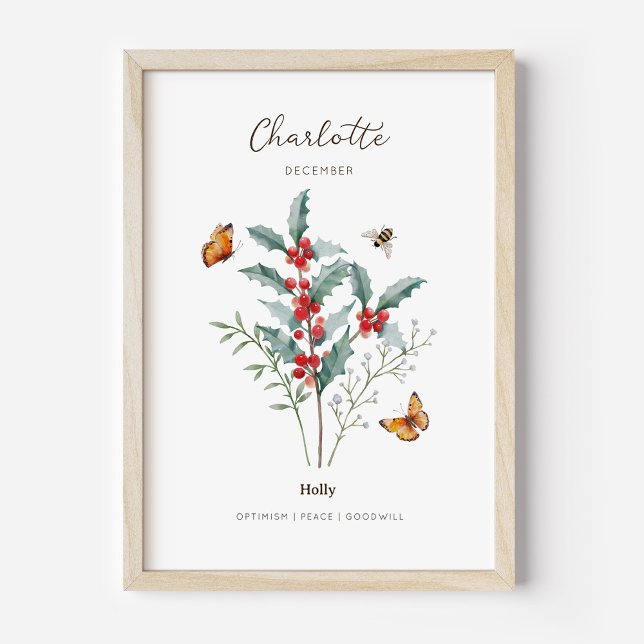 Póster de Flor de Cumpleaños de Acebo (Example of holly birth flower poster once framed. )