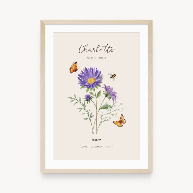 Póster de Flor de Cumpleaños de Aster (Example of aster birth flower poster once framed. )
