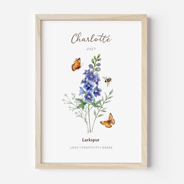 Póster de Flor de Cumpleaños de Delphinium (Example of larkspur birth flower poster once framed. )
