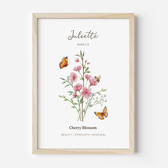Póster de Flor de Cumpleaños de Flor de Cerezo (Example of cherry blossom birth flower poster once framed. )