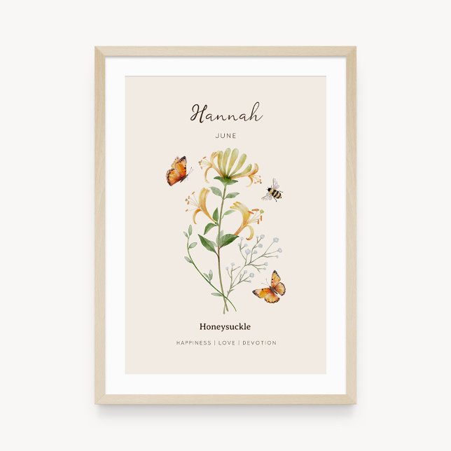 Póster de flor de cumpleaños de madreselva (Example of honeysuckle birth flower poster once framed. )