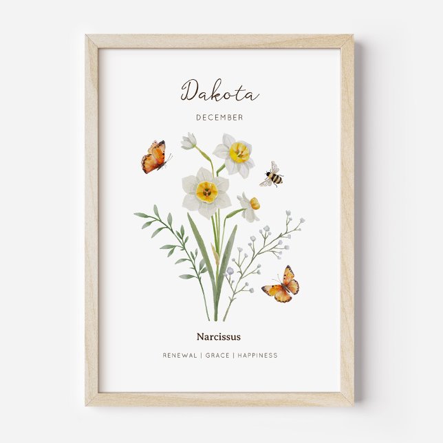 Póster de Flor de Cumpleaños de Narciso (Example of narcissus birth flower poster once framed. )