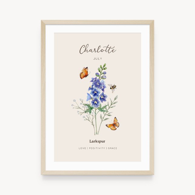 Póster de Flor de Cumpleaños Larkspur (Example of larkspur birth flower poster once framed. )