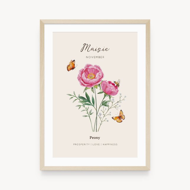 Póster de Flor de Cumpleaños Peonía (Example of peony birth flower poster once framed. )
