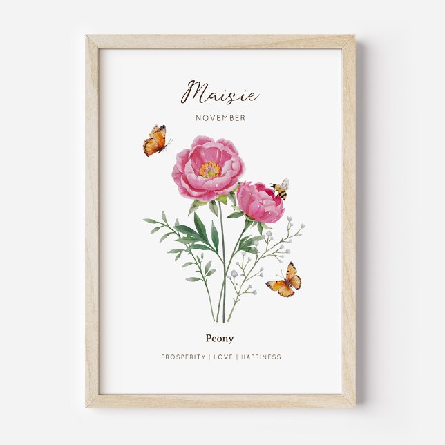 Póster de Flor de Cumpleaños Peonía (Example of peony birth flower poster once framed. )