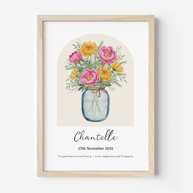 Póster de Flor de Cumpleaños Peonía Crisantemo (Personalised November Birth Month Flower Bouquet in Vase Poster | Chrysanthemum and Peony.)