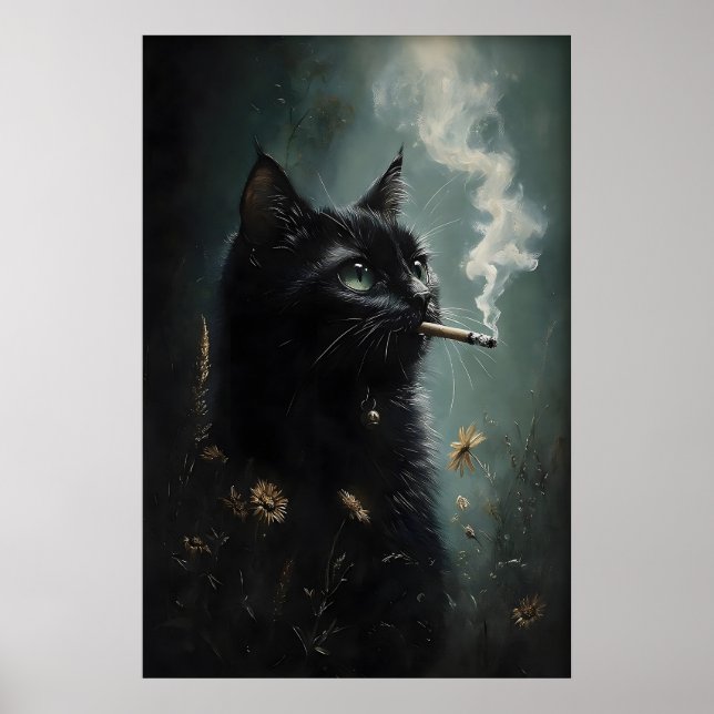 Póster de Flor de Gato Negro Fumando, Dark Academi (Frente)