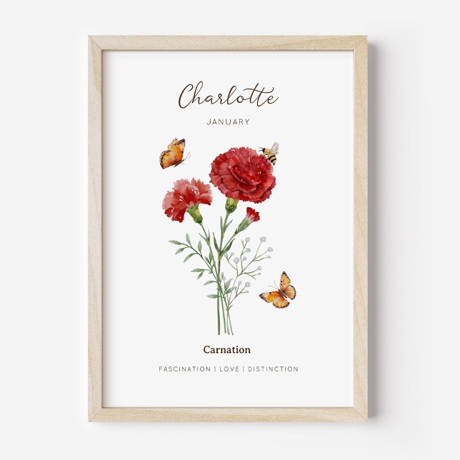 Póster de flor de nacimiento de clavel (Example of carnation birth flower poster once framed. )