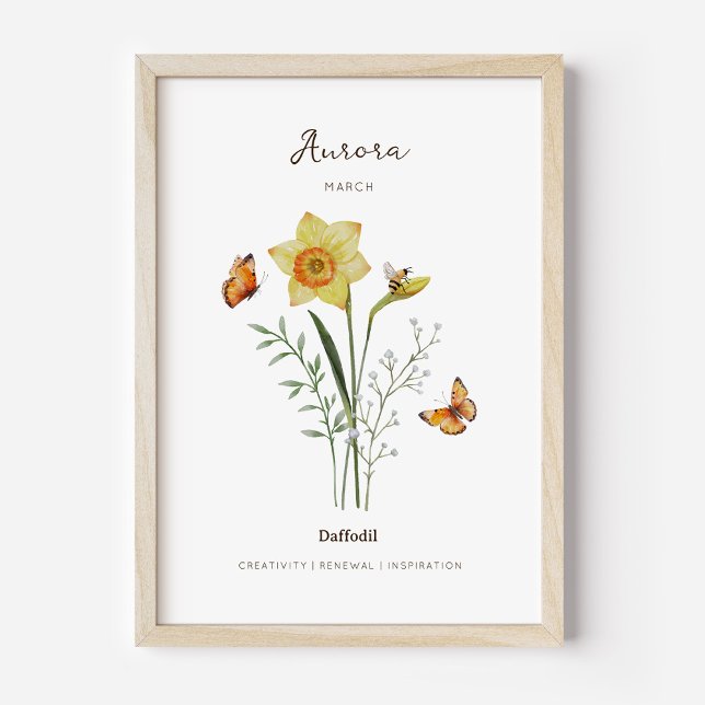 Póster de flor de nacimiento de narciso (Example of daffodil birth flower poster once framed. )