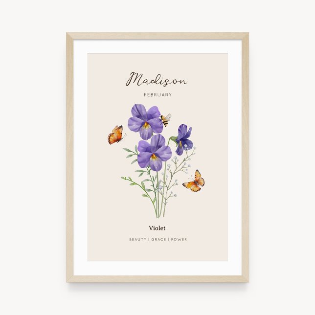 Póster de Flor de Nacimiento Violeta (Example of violet birth flower poster once framed. )
