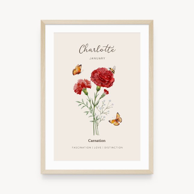 Póster de Flor del Mes de Nacimiento Clavel (Example of carnation birth flower poster once framed. )